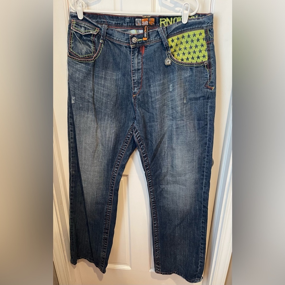 Akademiks Vintage Y2K Men's Denim with Red and Yellow Details 38 - Picture 2 of 6